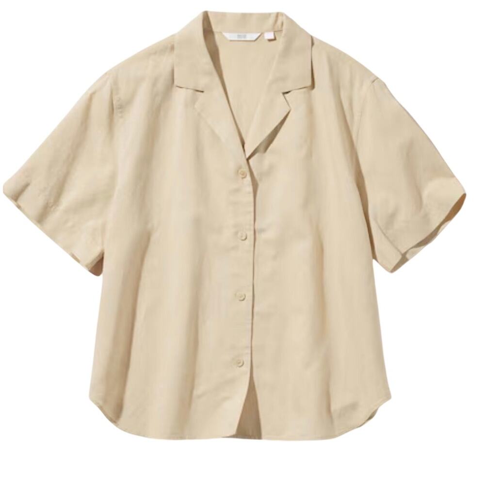Uniqlo Linen Blend Open Collar Short Sleeve Shirt, Beige, Unisex Medium